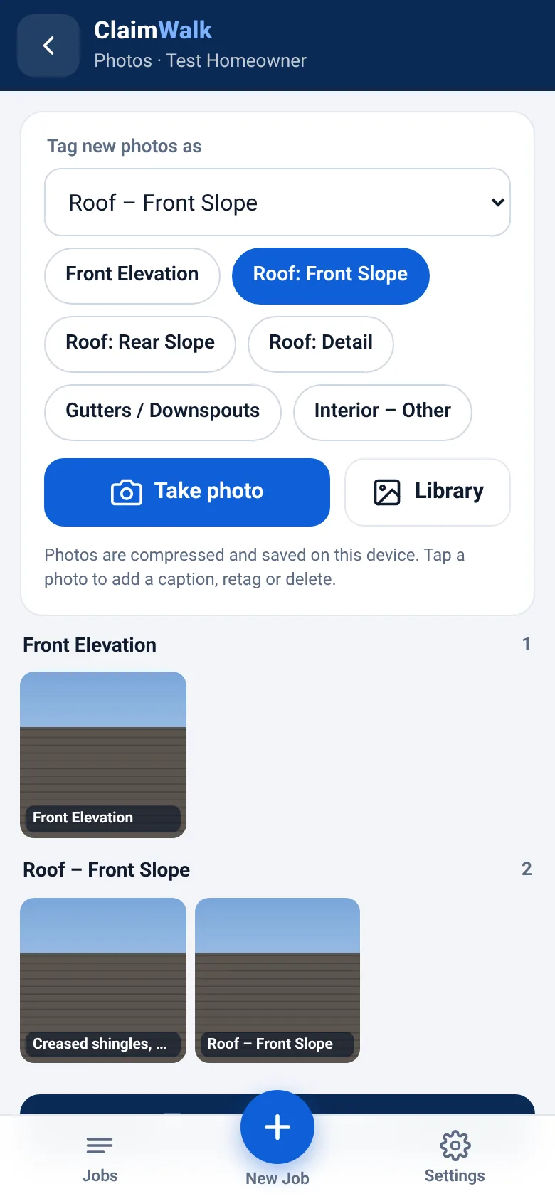 Photo capture screen with area tags like Front Elevation and Roof Front Slope