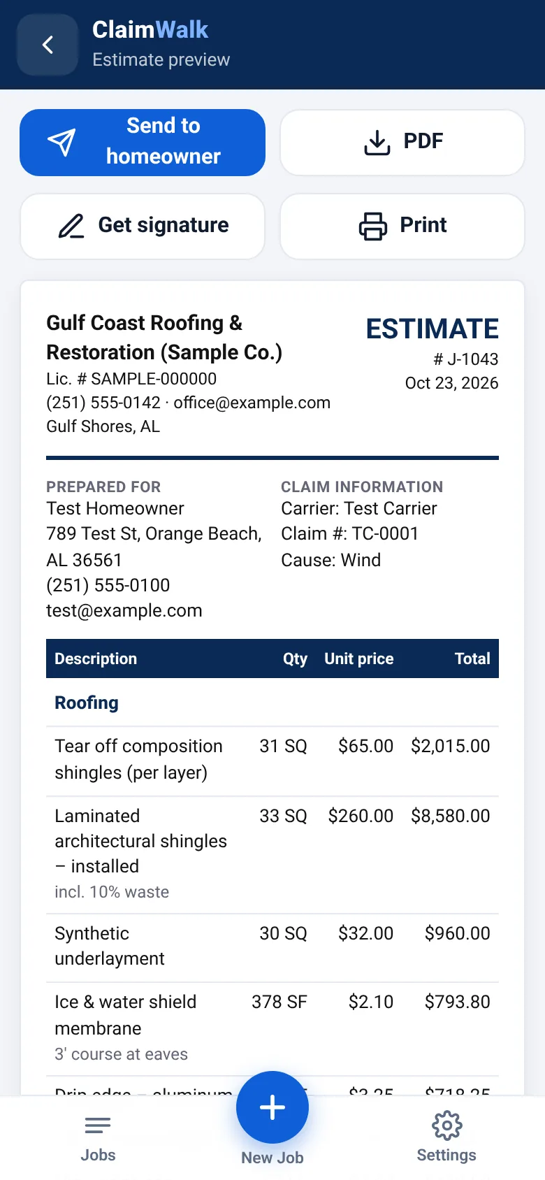 Branded estimate preview with send, PDF, signature and print buttons