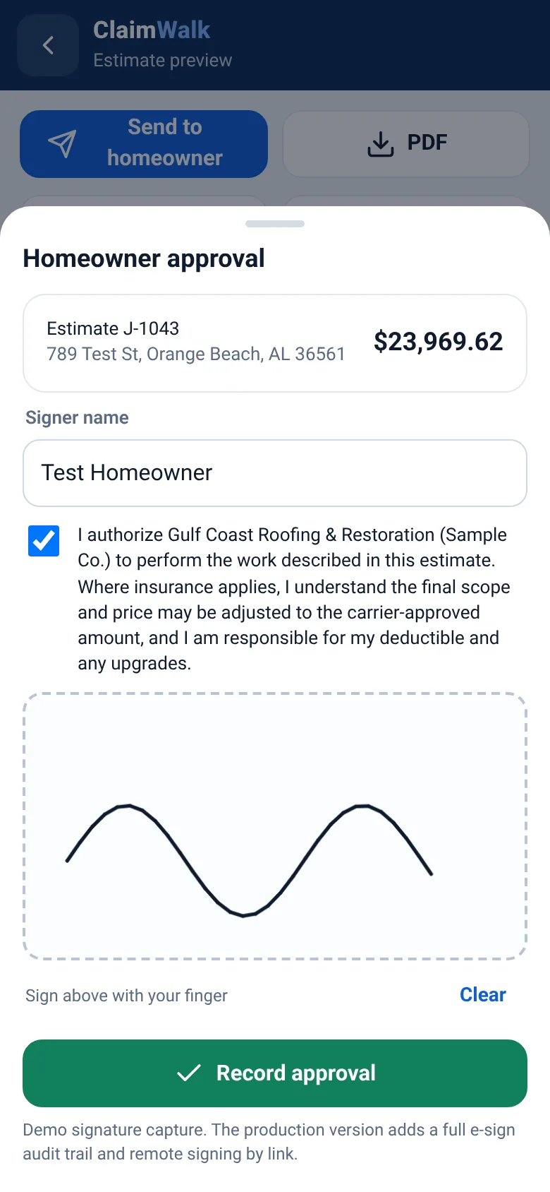 Homeowner approval screen with authorization text and finger signature pad