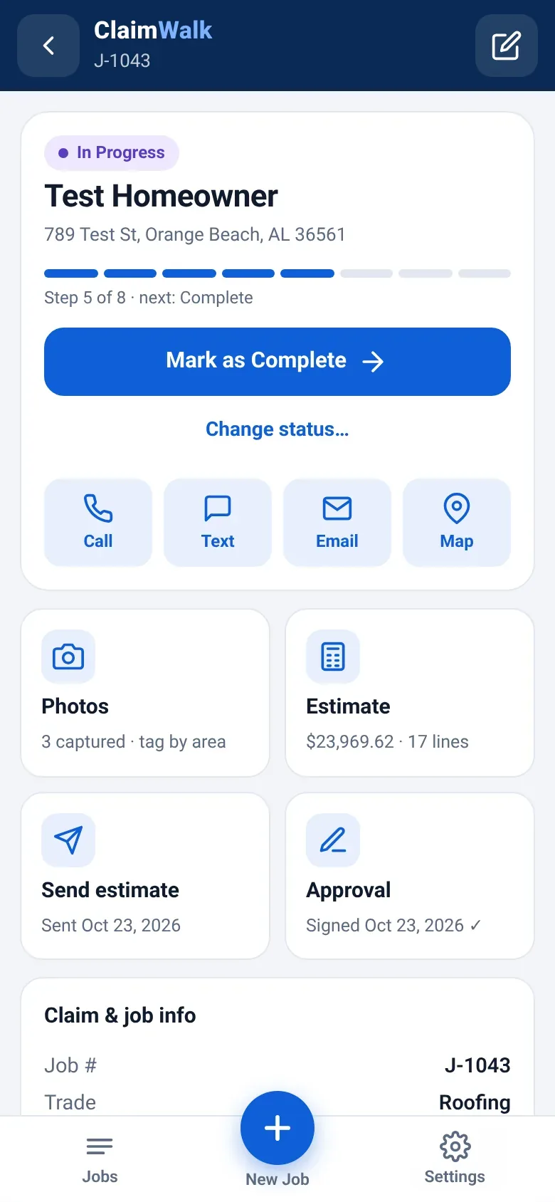 Job detail screen with status progress, photos, estimate and approval tiles